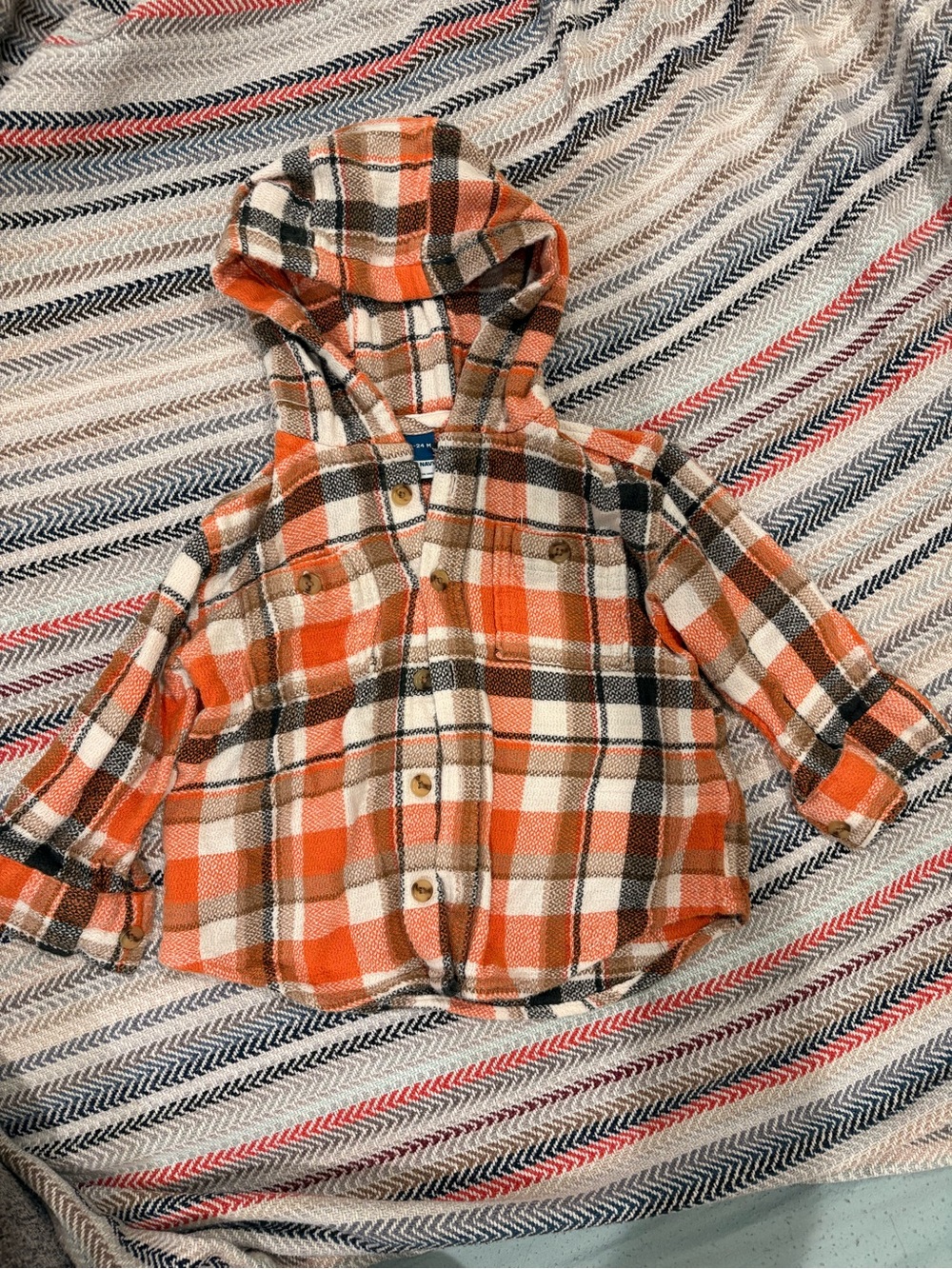 Old Navy - Toddler - Orange Cream and Brown Plaid Hooded Button-Down Shirt